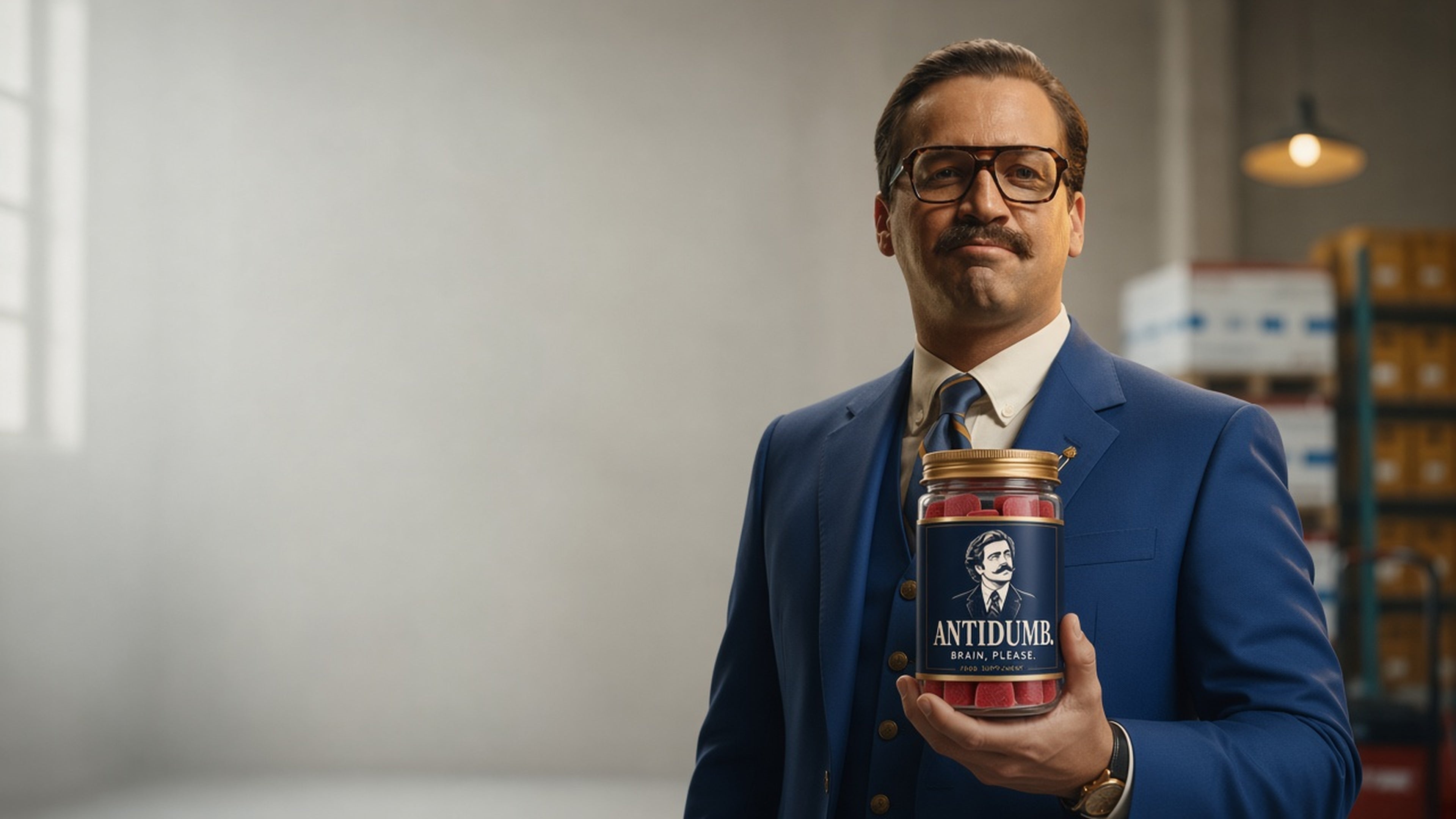 A man in a blue suit holding the ANTIDUMB jar in a bright warehouse