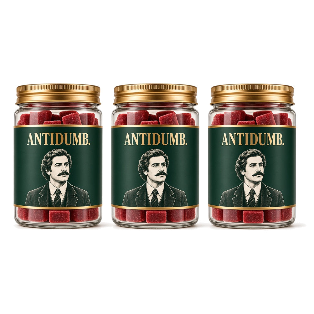 Three jars of ANTIDUMB berry gummies