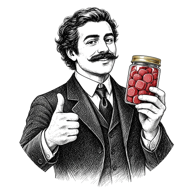 Engraving of a man giving a thumbs up with the jar