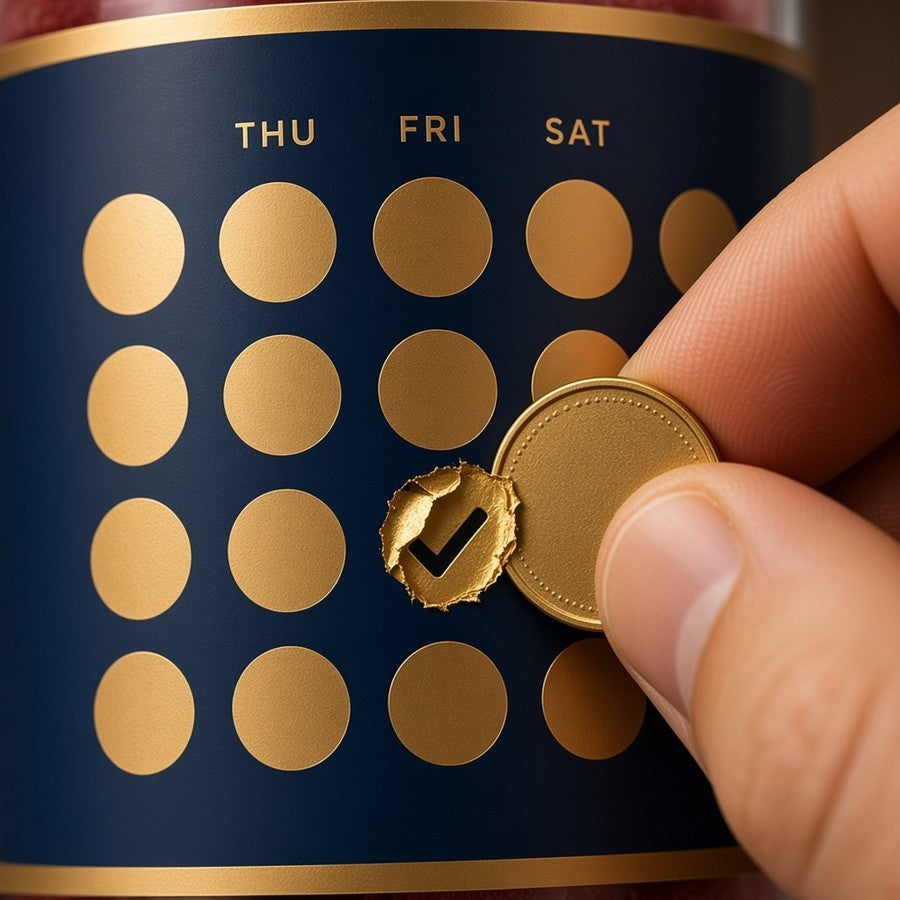 A coin scratching a gold circle on the back label