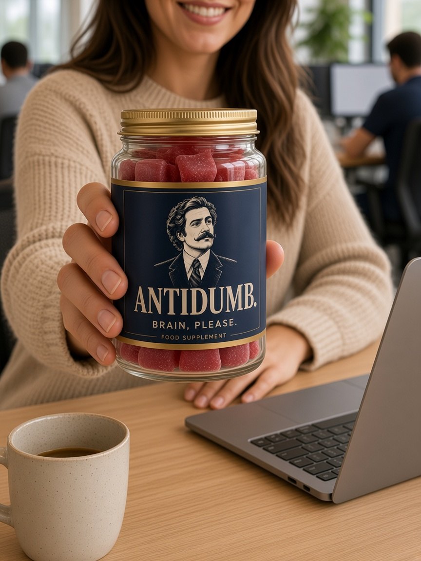 A woman at an office desk holding the ANTIDUMB jar next to a laptop and coffee