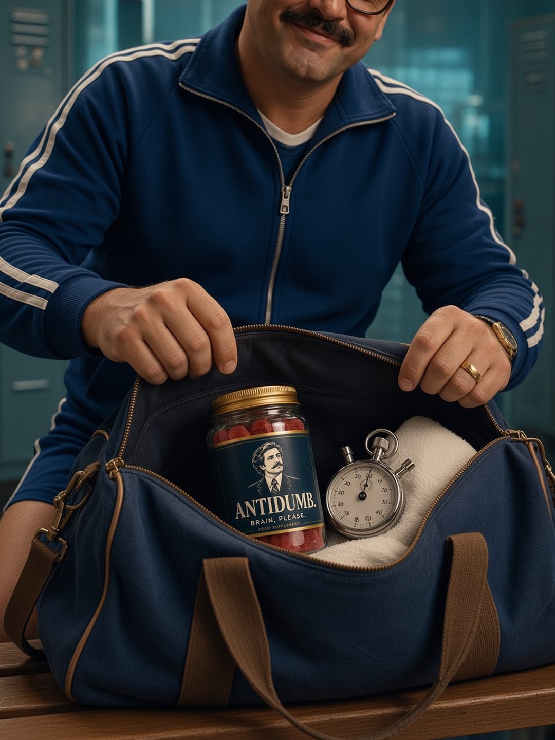 The ANTIDUMB jar inside a gym bag on a bench at a sports club