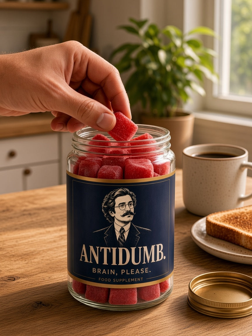 A hand taking a red gummy from the open jar beside coffee and toast on a wooden kitchen table
