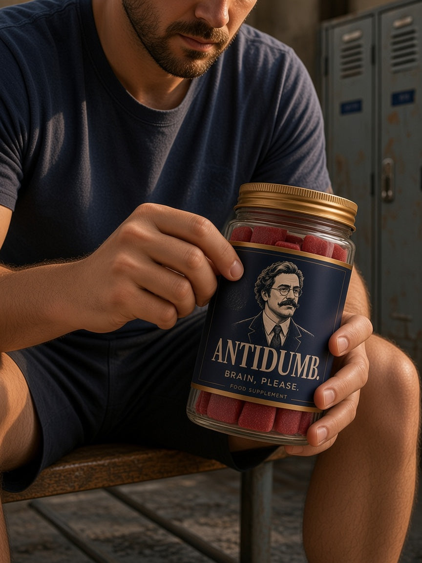 A man on a locker-room bench holding the ANTIDUMB jar in both hands