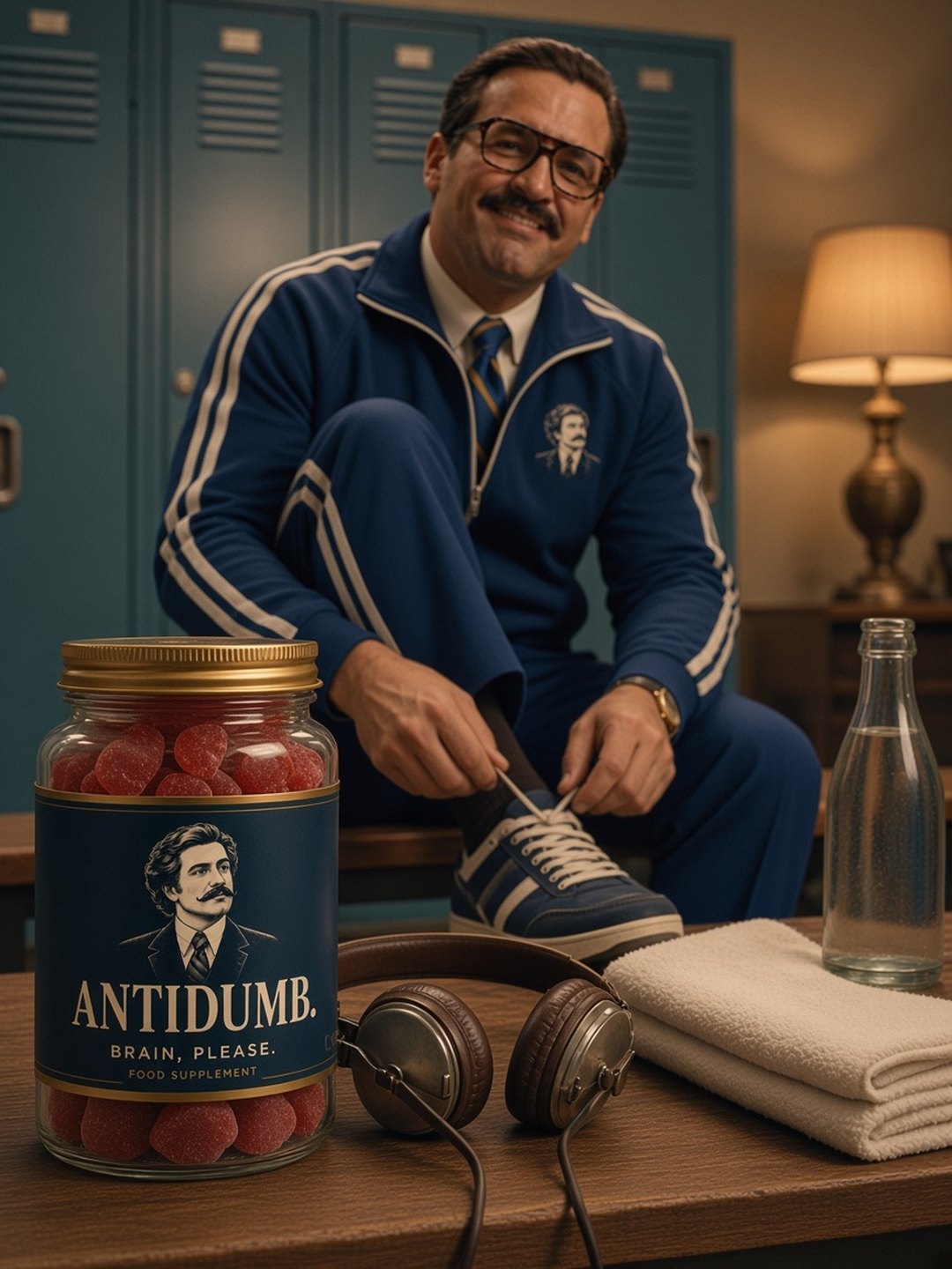The ANTIDUMB jar on a wooden shelf beside headphones, a towel, and water, with a man sitting on the bench behind